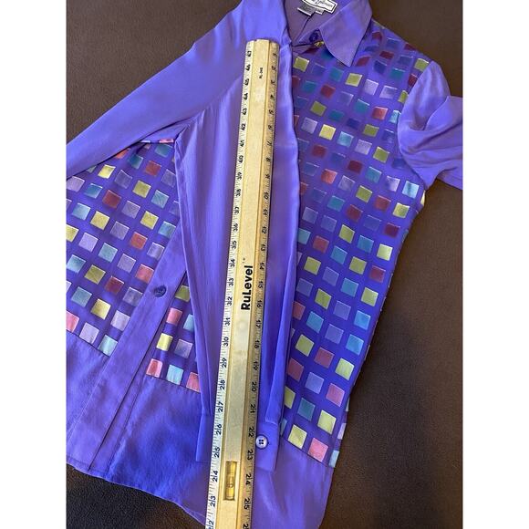 Vtg Diane Gilman Sz M 100% Silk Purple Watercolor Tile RARE Button Up LS Shirt - Picture 10 of 10